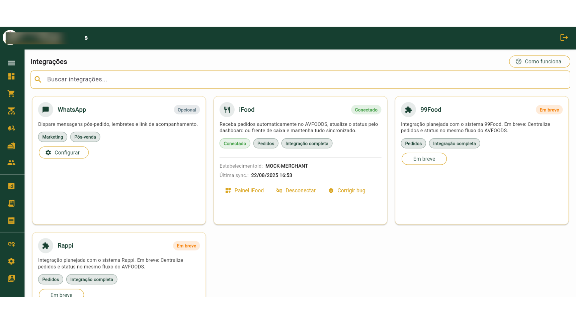 Integrações do sistema